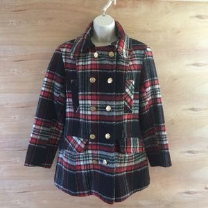VTG SEARS BAZAAR Red Plaid Wool Pea Coat Women’s S